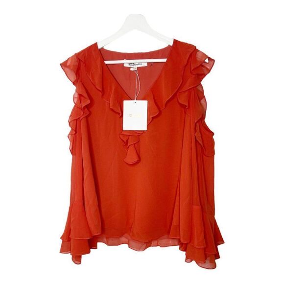 DIANE VON FURSTENBERG Essie Cold Shoulder Ruffled Chiffon Top In Brick - Picture 1 of 10